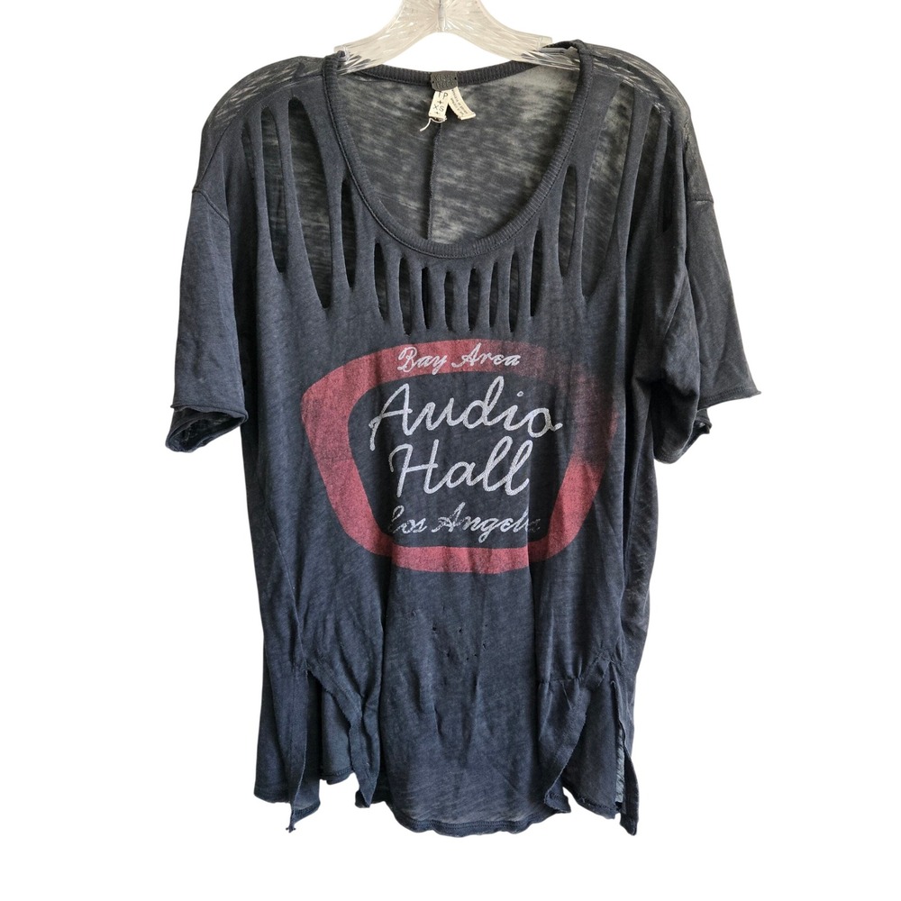 We The Free XS Graphic Tee Womens Charcoal Good Distressed Audio Hall Shredded